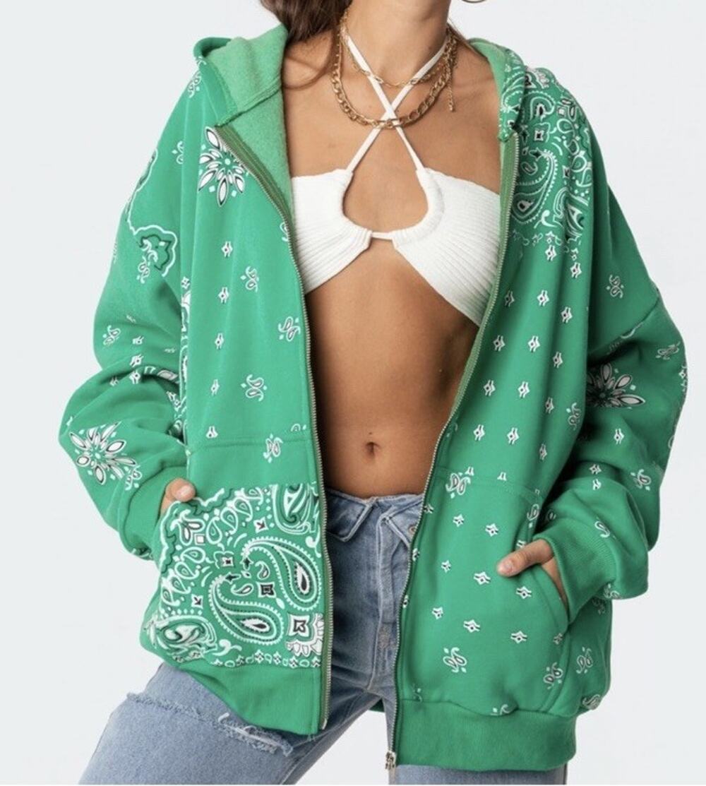 Edikted Green Bandana Paisley Print Zip Up Oversized Hoodie Size XS/S